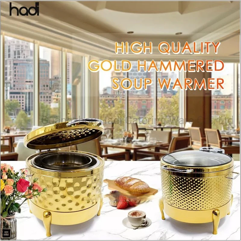 Guangzhou Hadi Catering Ware Soup Warmer 11liter Luxury Golden Hammered Soup Kettle Warmer Buffet Chafing Dish Soup Pot with Glass Lid